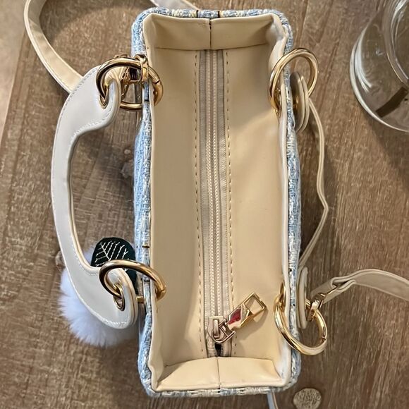 Plaid Pattern Tweed Blue/ White Bag with Keychain/ Pendant - Picture 4 of 4